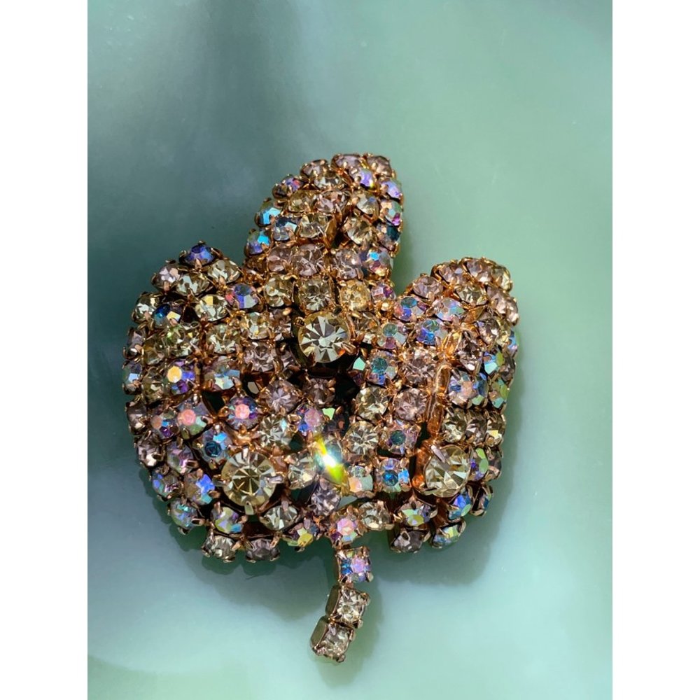Vintage 1960s Large AB Rhinestone Cluster Leaf Brooch
